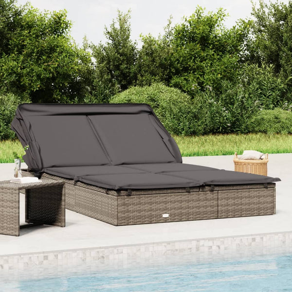 2 Person Sunbed With Foldable Roof Grey 213X118x97 Cm Poly Rattan Loungers