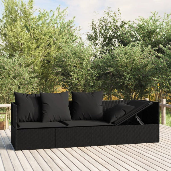 Vidaxl Outdoor Lounge Bed With Cushions Black Poly Rattan Loungers
