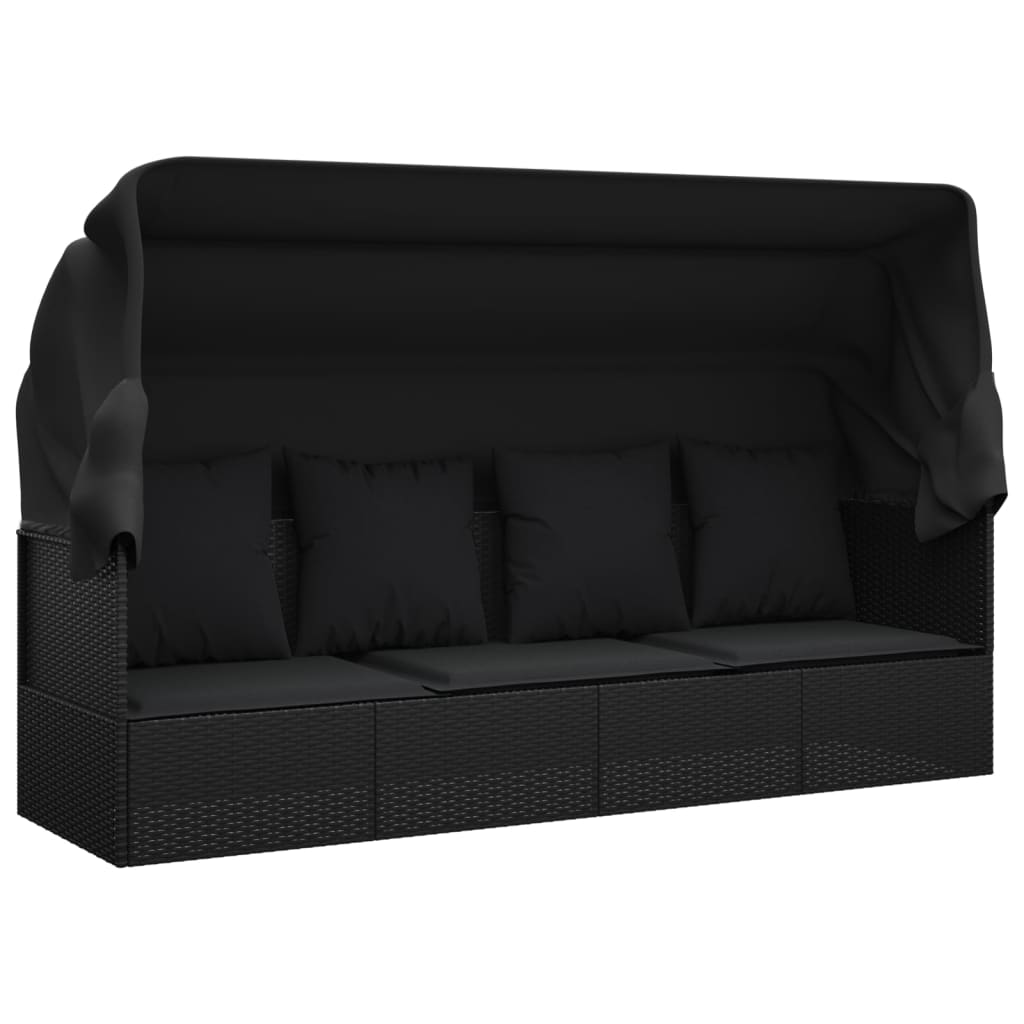 Outdoor Lounge Bed With Roof And Cushions Black Poly Rattan Loungers