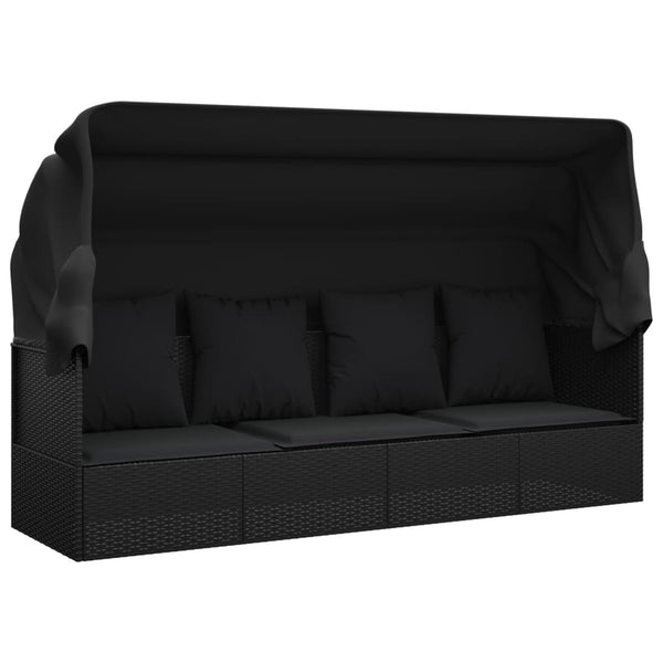 Outdoor Lounge Bed With Roof And Cushions Black Poly Rattan Loungers