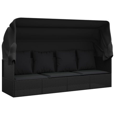 Outdoor Lounge Bed With Roof And Cushions Black Poly Rattan Loungers