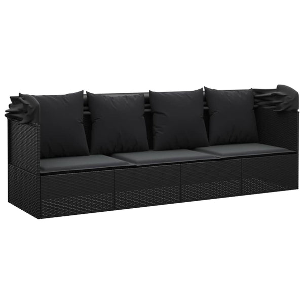Outdoor Lounge Bed With Roof And Cushions Black Poly Rattan Loungers