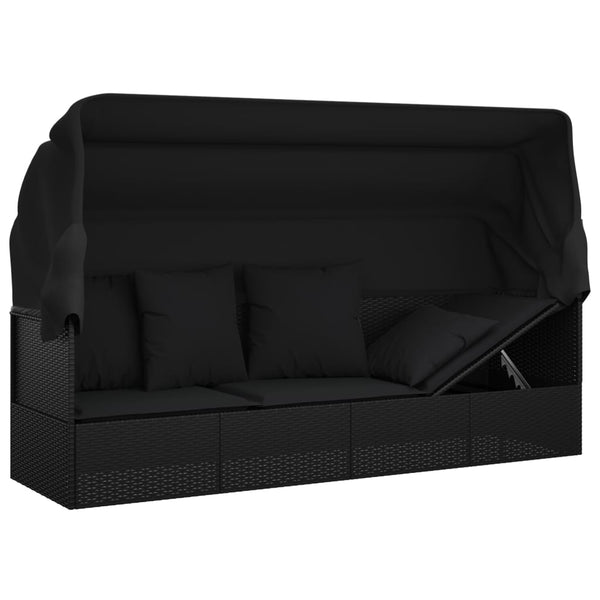 Outdoor Lounge Bed With Roof And Cushions Black Poly Rattan Loungers