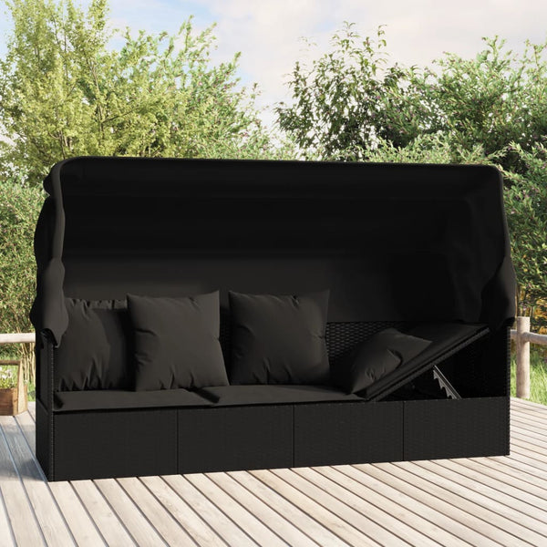 Outdoor Lounge Bed With Roof And Cushions Black Poly Rattan Loungers