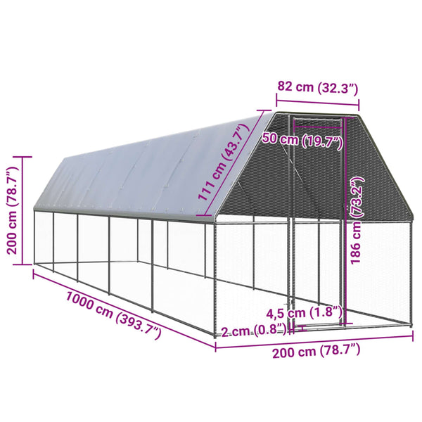 Vidaxl Outdoor Chicken Cage 2X10x2 M Galvanised Steel Small Animal Cages & Hutches