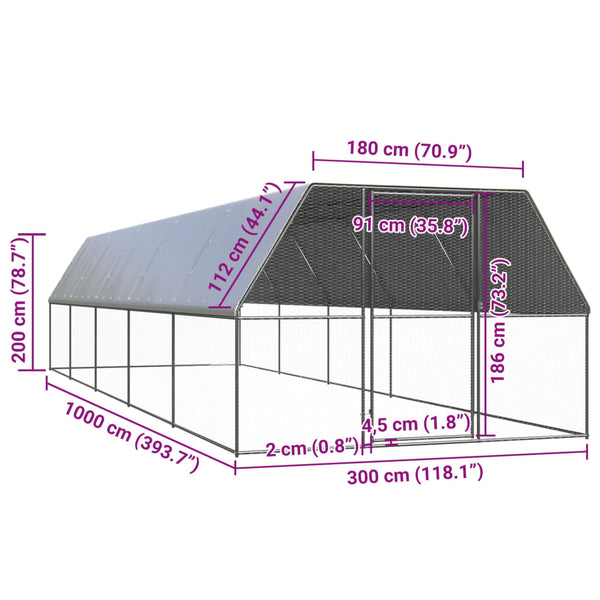 Vidaxl Outdoor Chicken Cage 3X10x2 M Galvanised Steel Small Animal Cages & Hutches