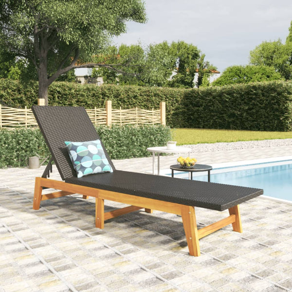Sun Lounger Black And Brown Poly Rattan&Solid Wood Acacia Loungers