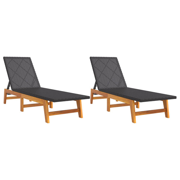 Sun 2 Pcs Black And Brown Poly Rattan&Solid Wood Acacia Loungers