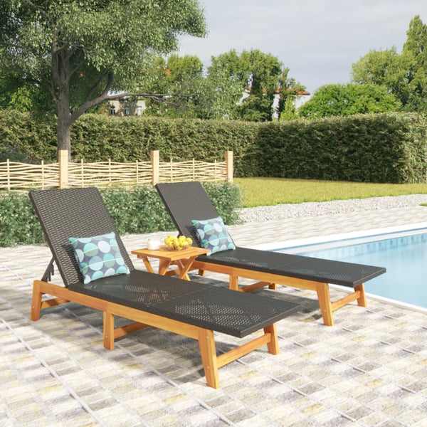 Sun 2 Pcs Black And Brown Poly Rattan&Solid Wood Acacia Loungers