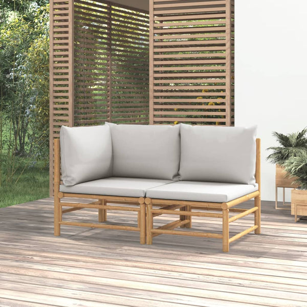 2 Piece Garden Lounge Set With Light Grey Cushions Bamboo Loungers