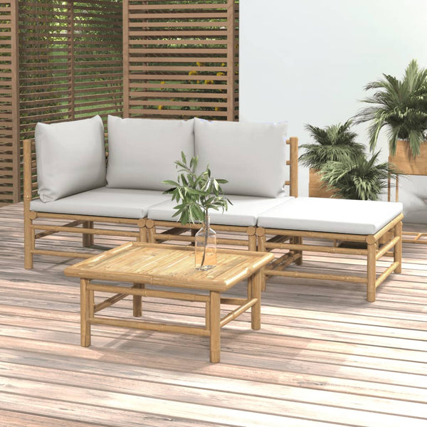 4 Piece Garden Lounge Set With Light Grey Cushions Bamboo Loungers
