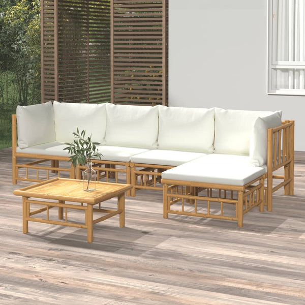 6 Piece Garden Lounge Set With Cream White Cushions Bamboo Patio Furniture Sets