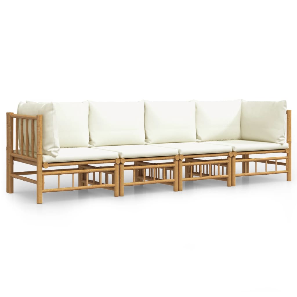 4 Piece Garden Lounge Set With Cream White Cushions Bamboo Loungers