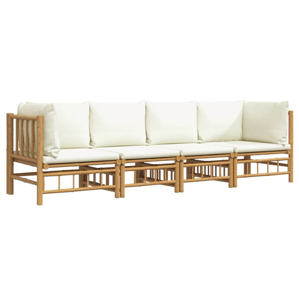 4 Piece Garden Lounge Set With Cream White Cushions Bamboo Loungers
