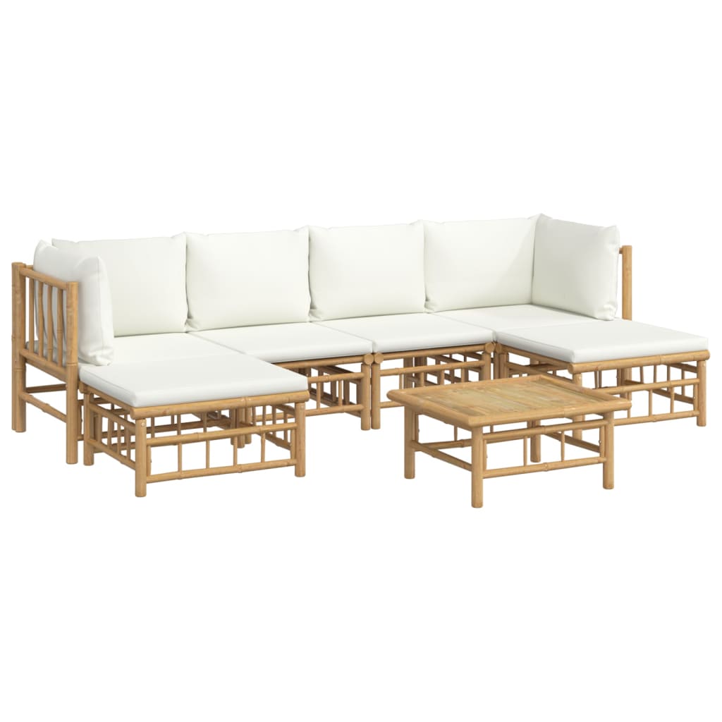 7 Piece Garden Lounge Set With Cream White Cushions Bamboo Loungers
