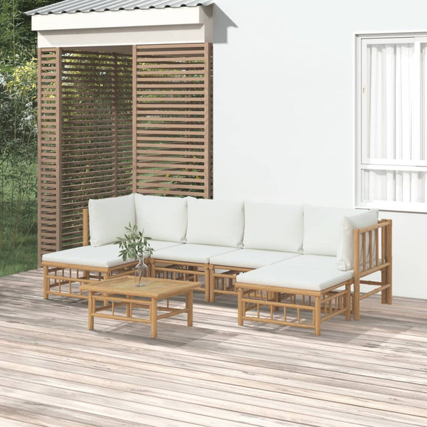 7 Piece Garden Lounge Set With Cream White Cushions Bamboo Loungers