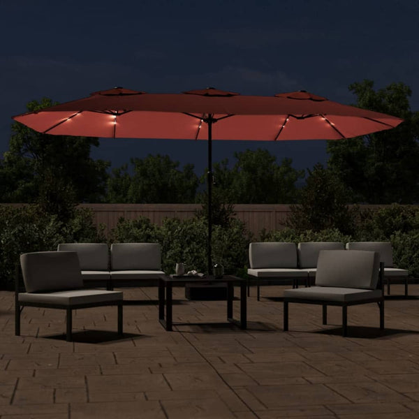 Double Head Parasol With Leds Terracotta 449X245 Cm Patio Umbrellas