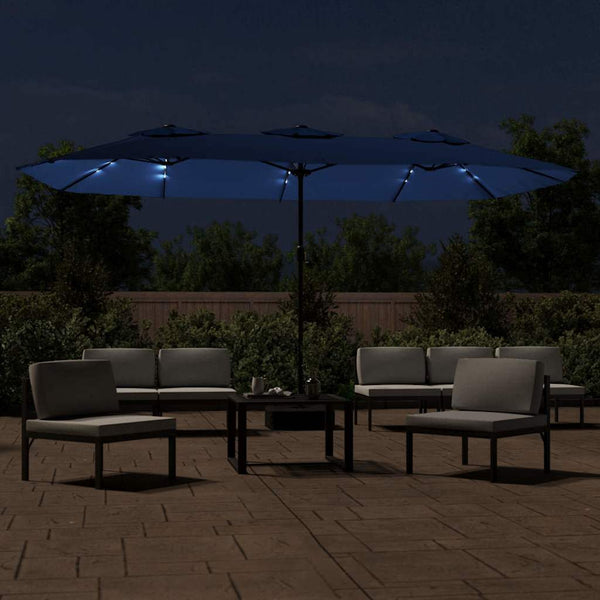 Vidaxl Double Head Garden Parasol With Leds Azure Blue 449X265 Cm Patio Umbrellas