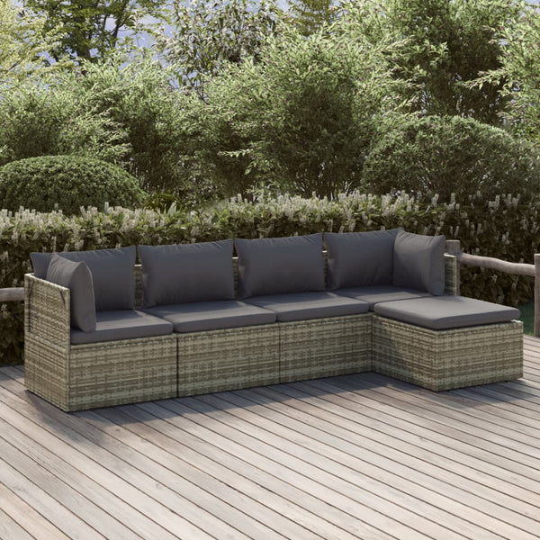 5 Piece Garden Lounge Set With Cushions Grey Poly Rattan Patio Furniture Sets