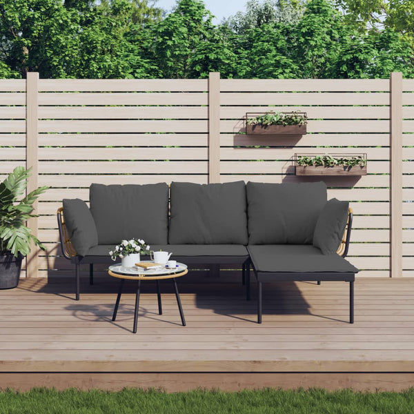 3 Piece Garden Lounge Set With Dark Grey Cushions Poly Rattan Loungers