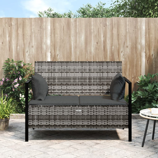2 Seater Garden Bench With Cushions Grey Poly Rattan Patio Benches