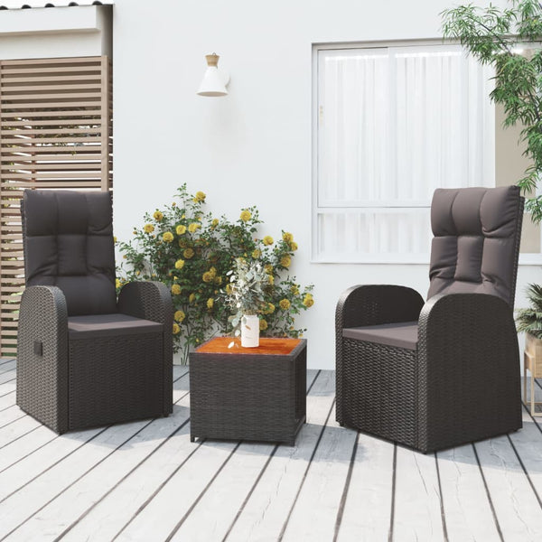 3 Piece Garden Lounge Set Black Poly Rattan & Solid Wood Acacia Patio Furniture Sets