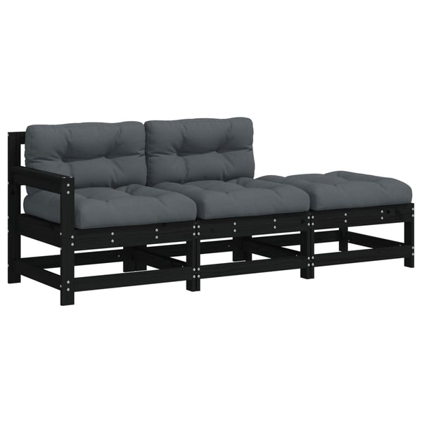 3 Piece Garden Lounge Set With Cushions Black Solid Wood Loungers