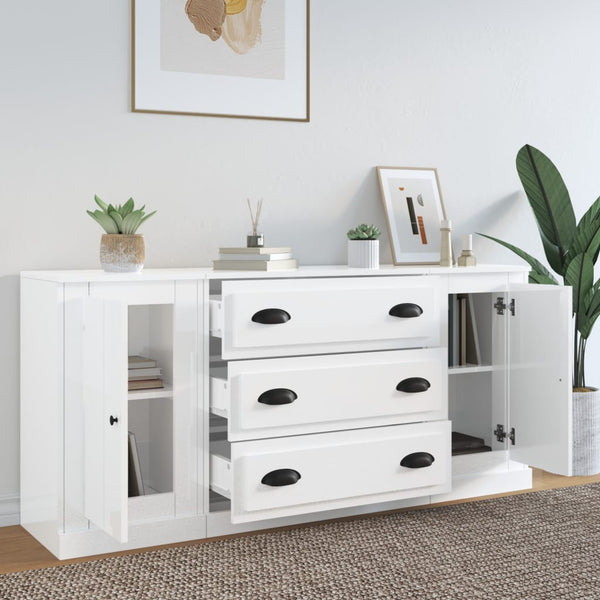 Sideboards 3 Pcs High Gloss White Engineered Wood Sideboards & Buffets