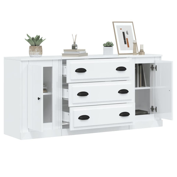Sideboards 3 Pcs High Gloss White Engineered Wood Sideboards & Buffets