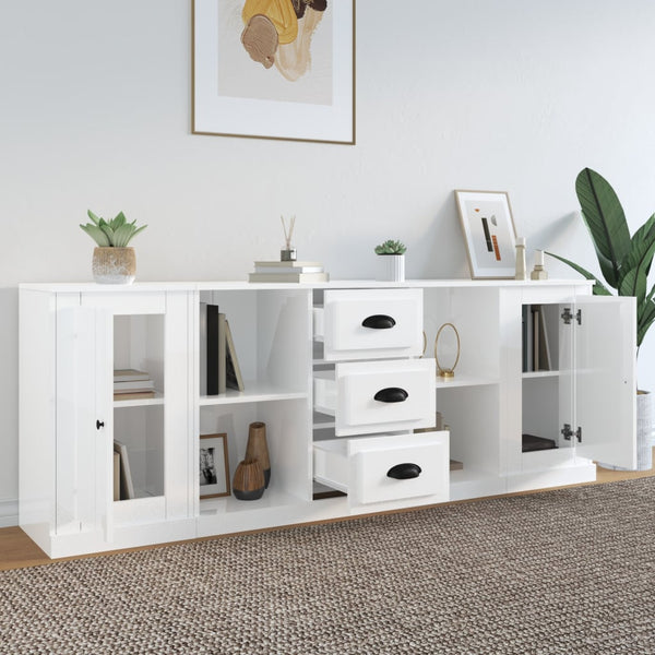 Sideboards 3 Pcs High Gloss White Engineered Wood Sideboards & Buffets