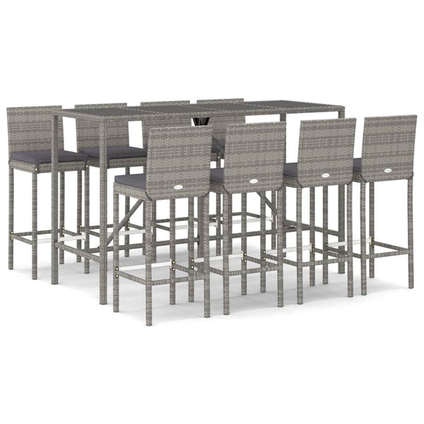 9 Piece Outdoor Bar Set With Cushions Grey Poly Rattan Patio Furniture Sets