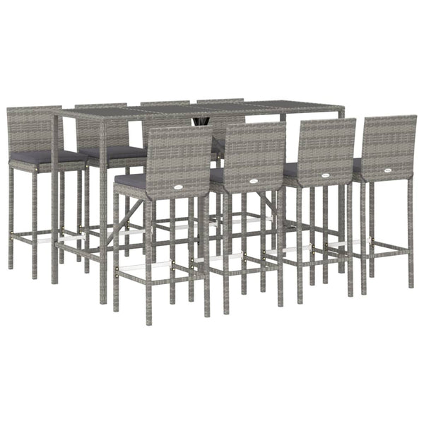 9 Piece Outdoor Bar Set With Cushions Grey Poly Rattan Patio Furniture Sets
