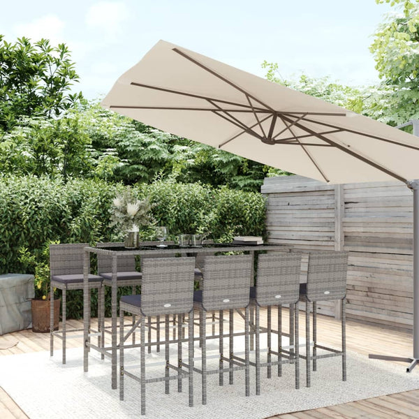 9 Piece Outdoor Bar Set With Cushions Grey Poly Rattan Patio Furniture Sets
