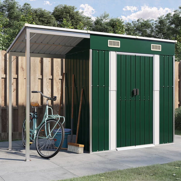 Garden Shed With Extended Roof Green 277X110.5X181 Cm Steel Sheds Summerhouses Carports