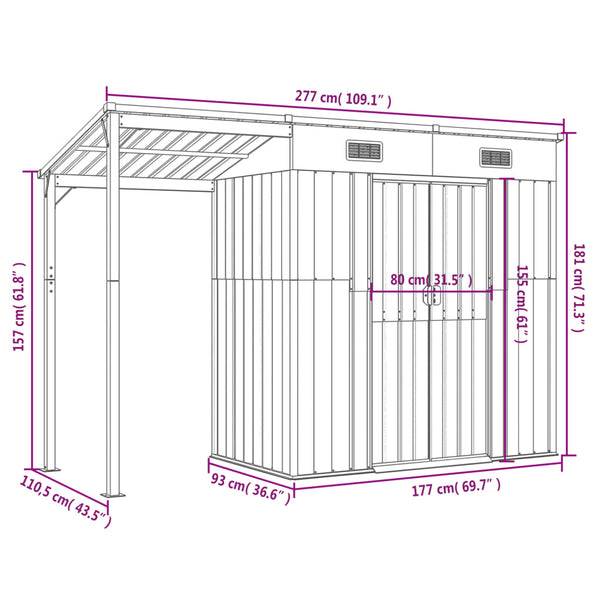 Garden Shed With Extended Roof Light Grey 277X110.5X181 Cm Steel Sheds Summerhouses Carports
