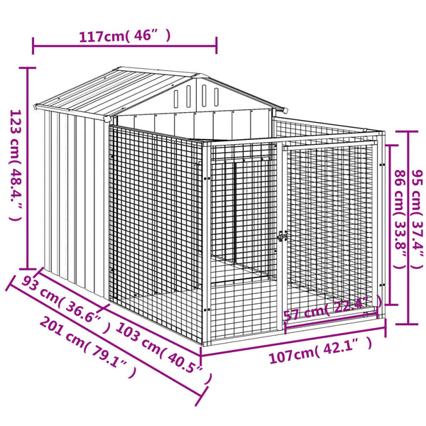 Dog House With Run Anthracite 117X201x123 Cm Galvanised Steel Dog Kennels