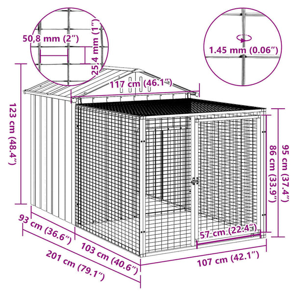 Vidaxl Chicken Cage With Run Light Grey 117X201x123 Cm Galvanised Steel Poultry Cages