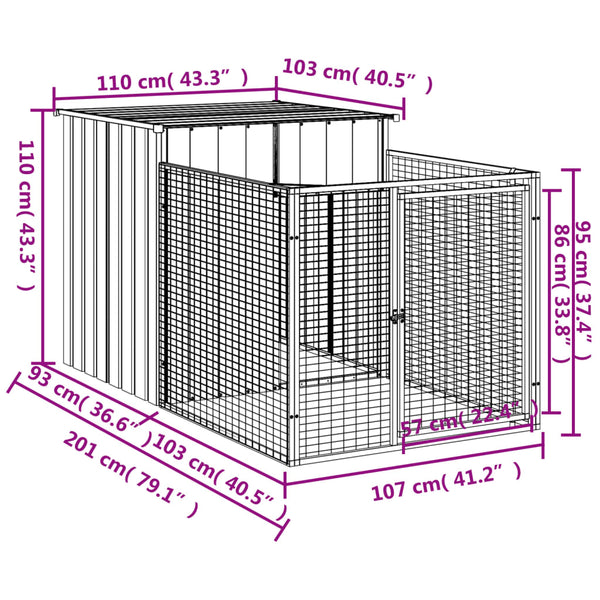 Dog House With Run Anthracite 110X201x110 Cm Galvanised Steel Dog Kennels