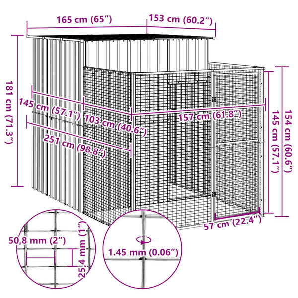 Vidaxl Dog House With Run Anthracite 165X251x181 Cm Galvanised Steel Dog Cages