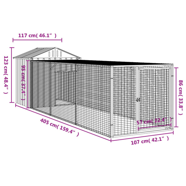 Chicken Cage With Run Light Grey 117X405x123 Cm Galvanised Steel Small Animal Cages & Hutches