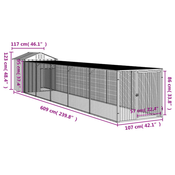 Chicken Cage With Run Light Grey 117X609x123 Cm Galvanised Steel Small Animal Cages & Hutches