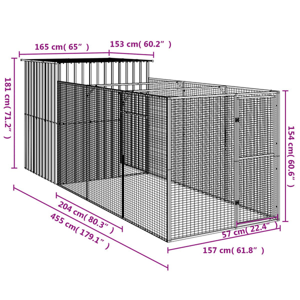 Dog House With Run Light Grey 165X455x181 Cm Galvanised Steel Dog Cages