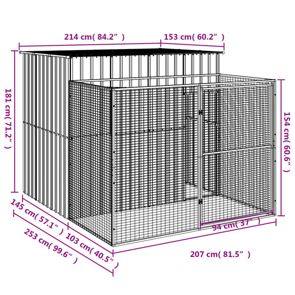 Dog House With Run Anthracite 214X253x181 Cm Galvanised Steel Dog Cages
