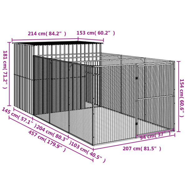 Dog House With Run Anthracite 214X457x181 Cm Galvanised Steel Dog Cages