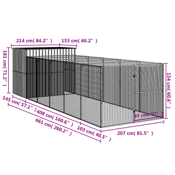 Dog House With Run Anthracite 214X661x181 Cm Galvanised Steel Dog Cages