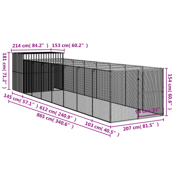 Dog House With Run Light Grey 214X865x181 Cm Galvanised Steel Dog Cages