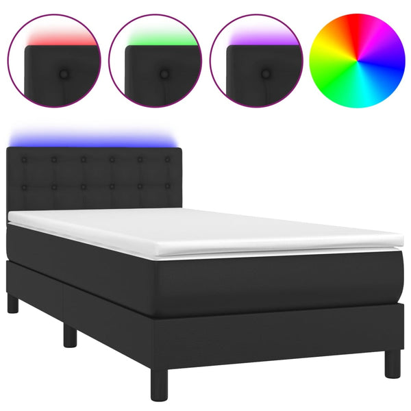 Box Spring Bed With Mattress&Led Black 100X200cm Faux Leather Double Bed Frames
