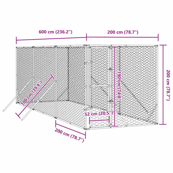 Vidaxl Outdoor Dog Kennel Silver 2X6x2 M Galvanised Steel Dog Kennels