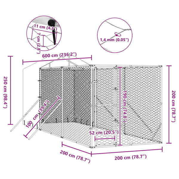 Galvanised Steel Outdoor Dog Kennel With Roof Silver 200X600x250cm Dog Kennels
