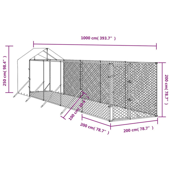 Outdoor Dog Kennel With Roof Silver 2X10x2.5 M Galvanised Steel Dog Kennels